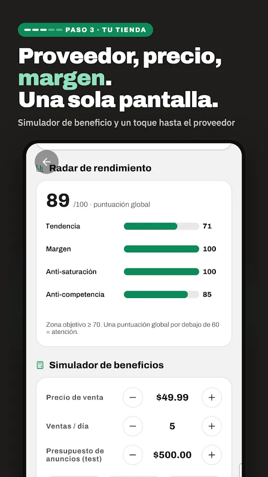 Pantalla de la aplicación Dropshipping Hero