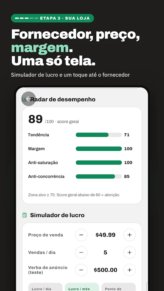 Tela do aplicativo Dropshipping Hero